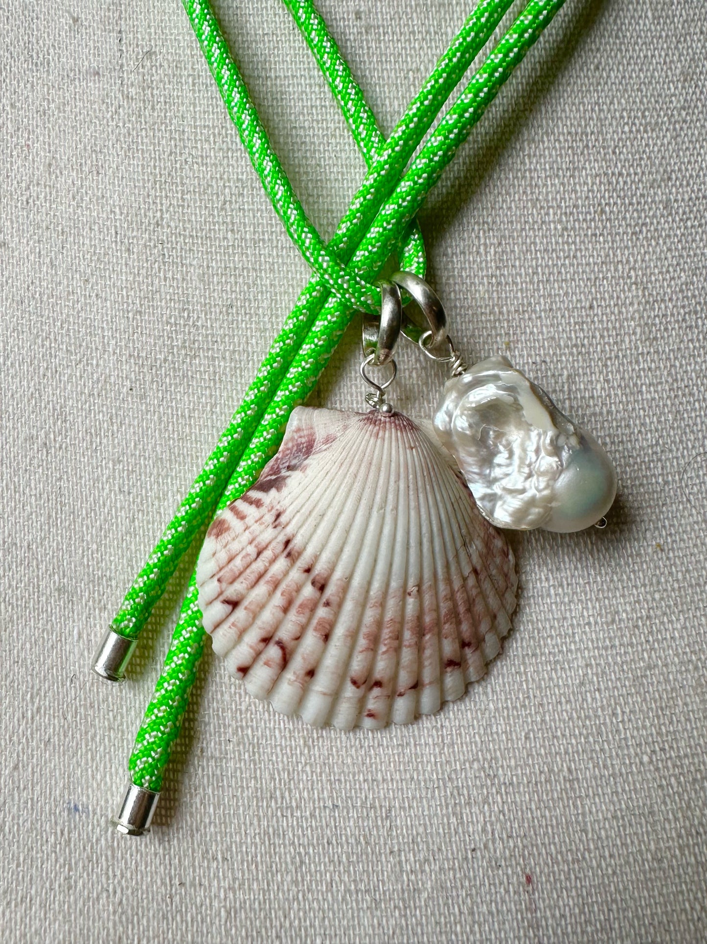 Scallop Shell & Baroque Pearl Necklace Hung on Neon Green Paracord