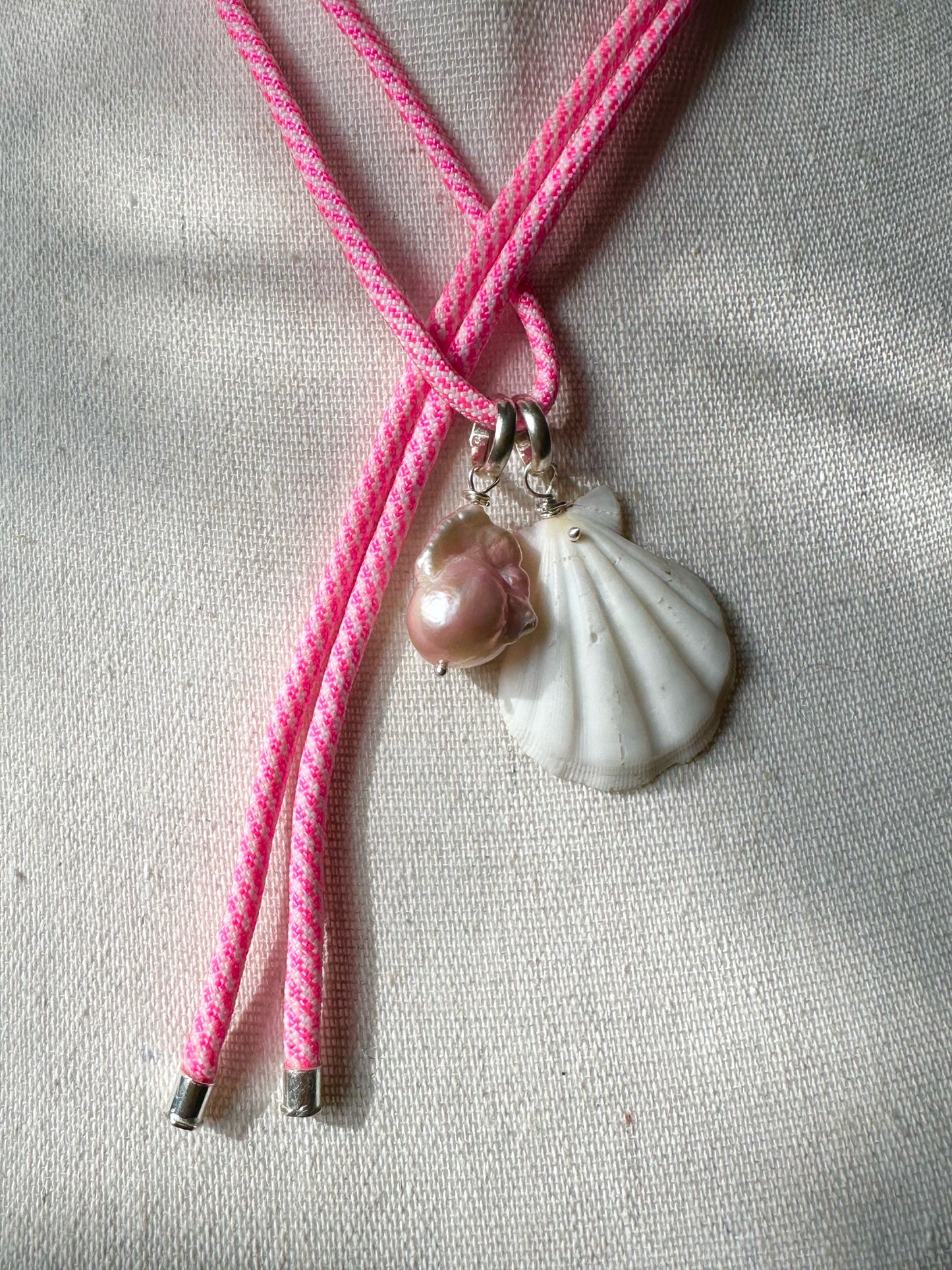 Scallop Shell & Baroque Pearl Necklace Hung on Pink Paracord