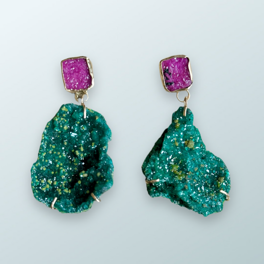 14k Gold Green Dioptase and Pink Drussy Earrings