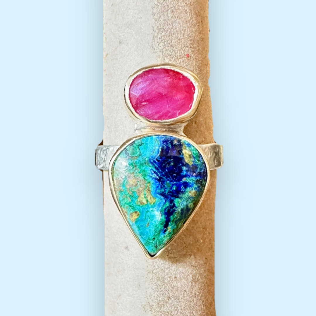 Azurite/malachite and raw ruby ring