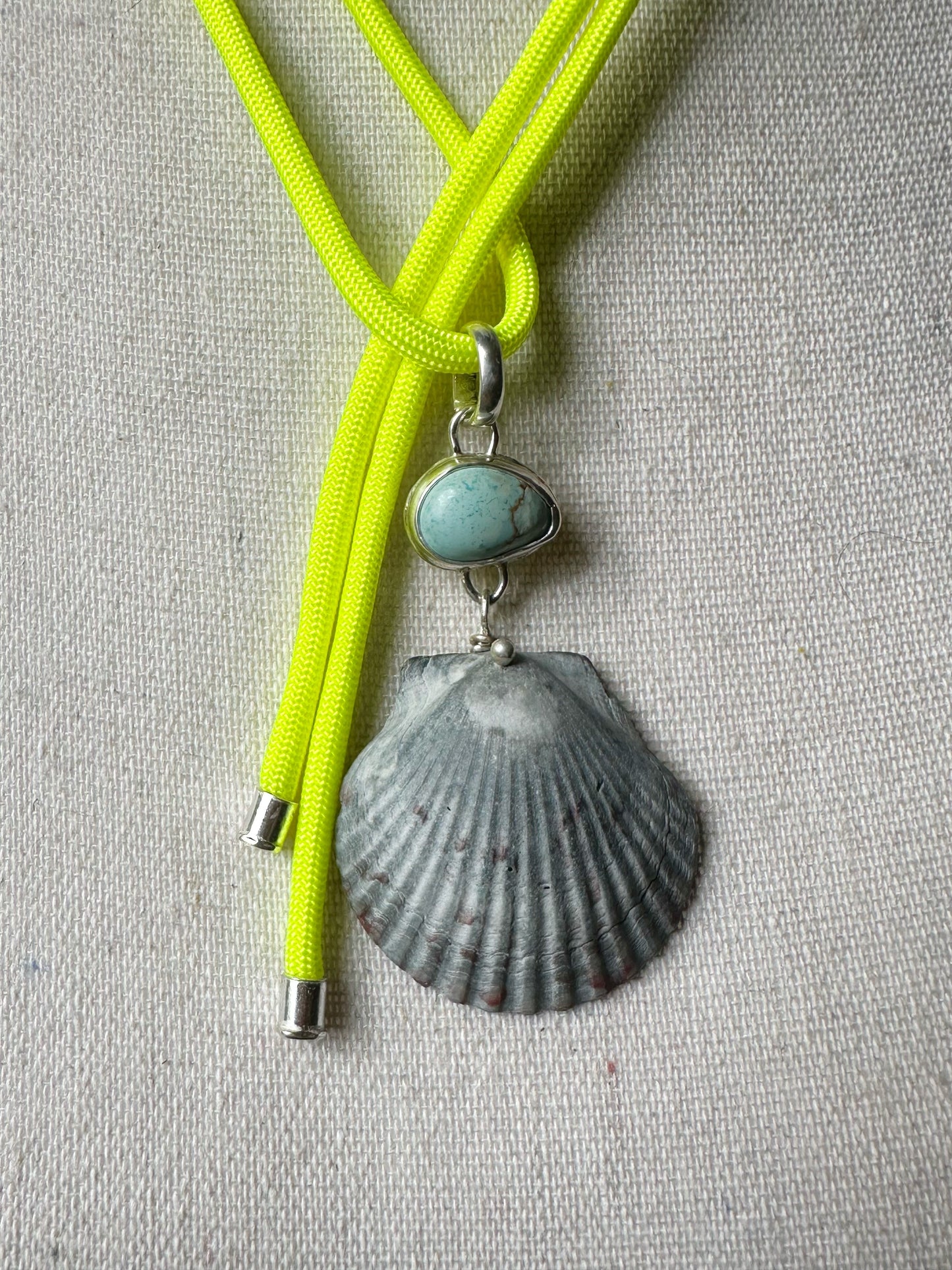 Golden Hills Turquoise & Shell Necklace Hung on Neon Yellow Paracord