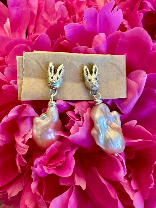 Rabbit and Baroque Pearl Earrings