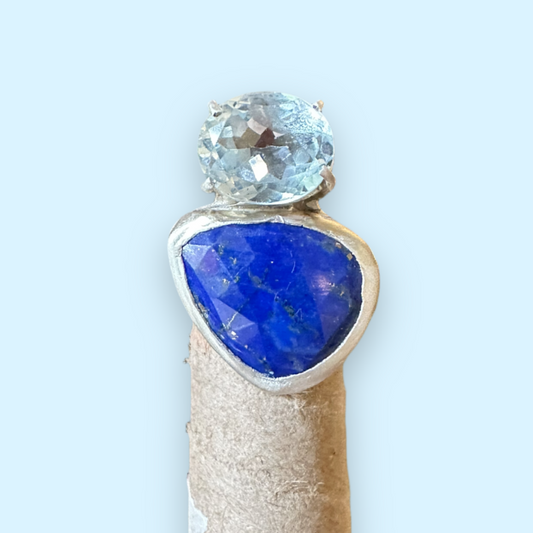 Lapis and Blue Topaz Fine Silver Ring (top ring)