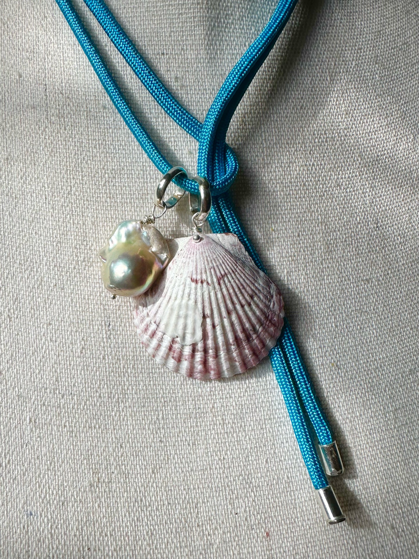 Scallop Shell & Baroque Pearl Necklace Hung on Turquoise Blue Paracord