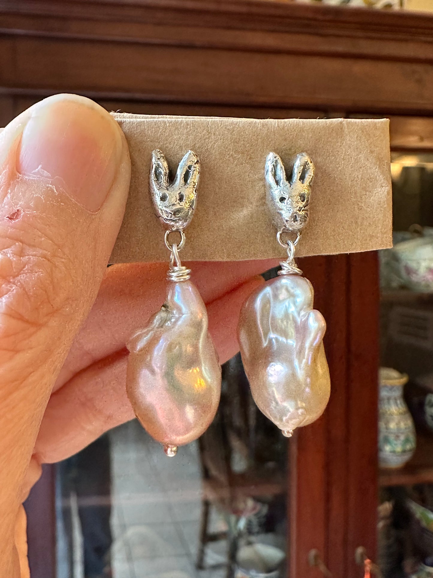 Rabbit and Baroque Pearl Earrings
