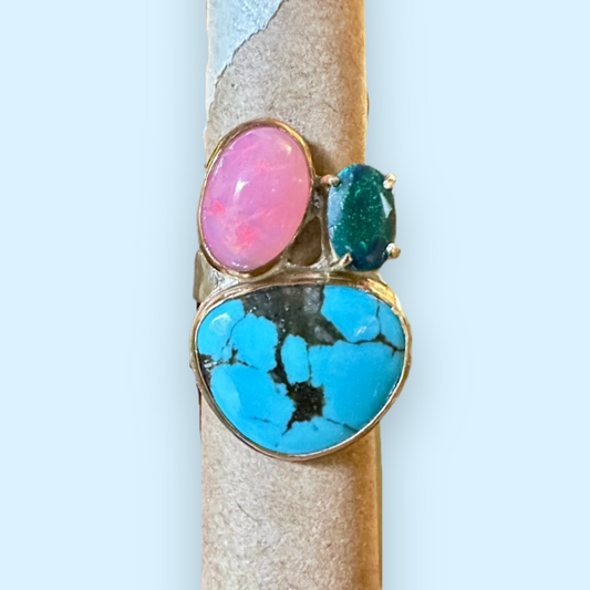 Pink and Green Opals with Turquoise 14k gold and silver ring