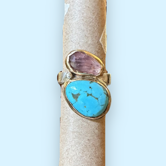 Pink Tourmaline and Turquoise Gold and Silver Ring