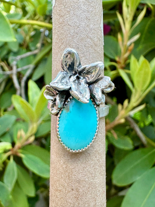 Floral and Turquoise Fine Silver Ring