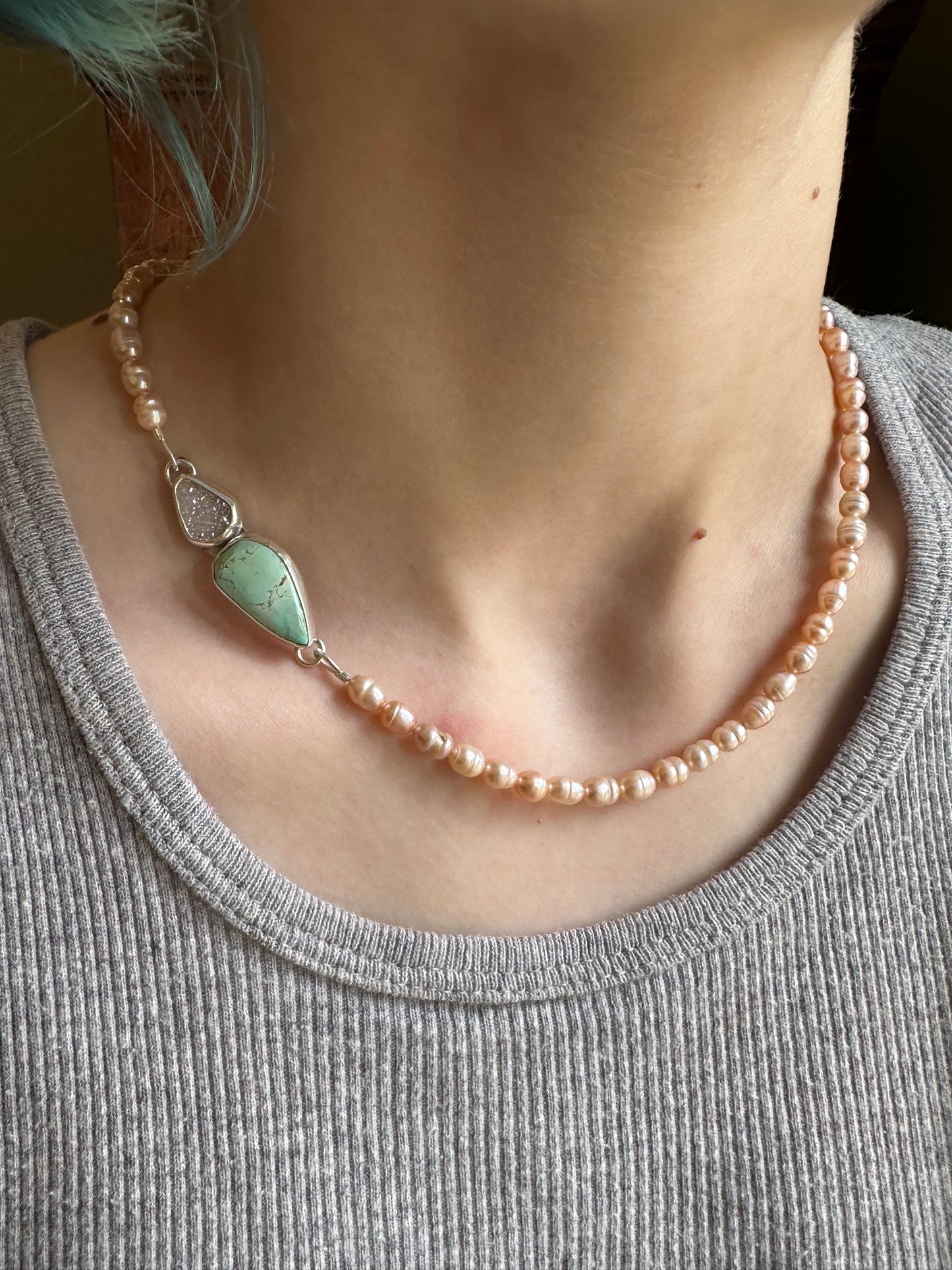 Fresh Water Pearl with Pink Drusy and Sierra Nevada Turqulose