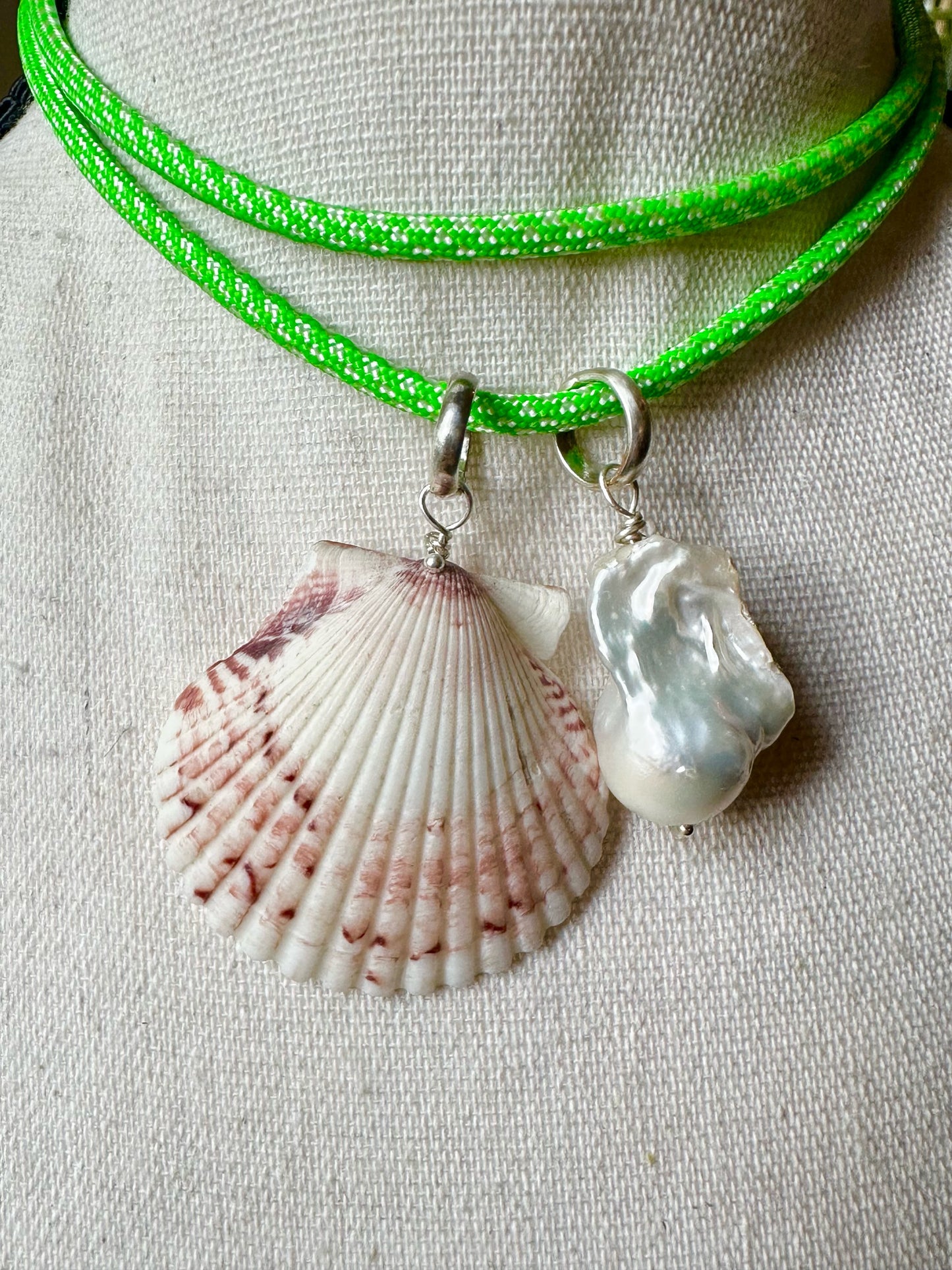 Scallop Shell & Baroque Pearl Necklace Hung on Neon Green Paracord