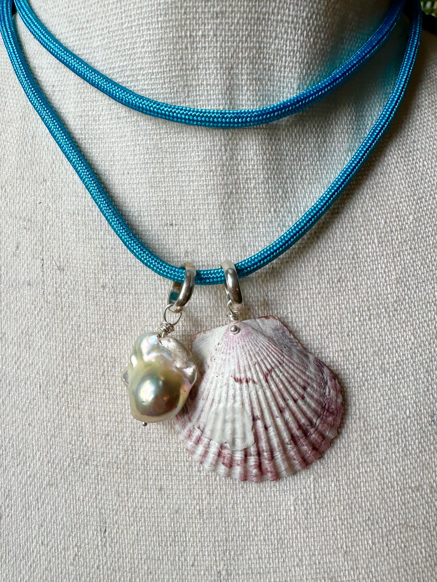 Scallop Shell & Baroque Pearl Necklace Hung on Turquoise Blue Paracord