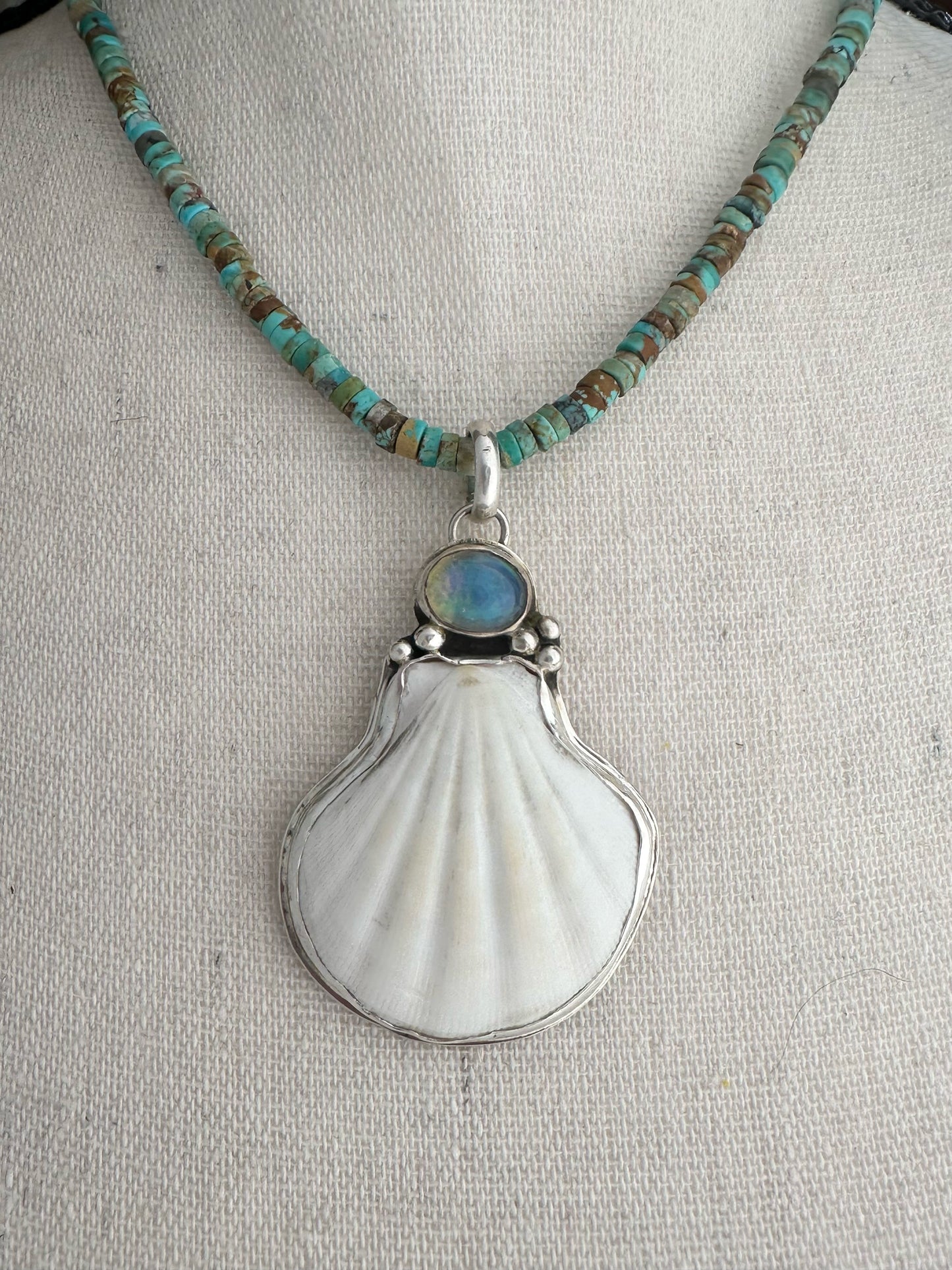 Opal Shell Pendant with Turquoise Heishi Necklace