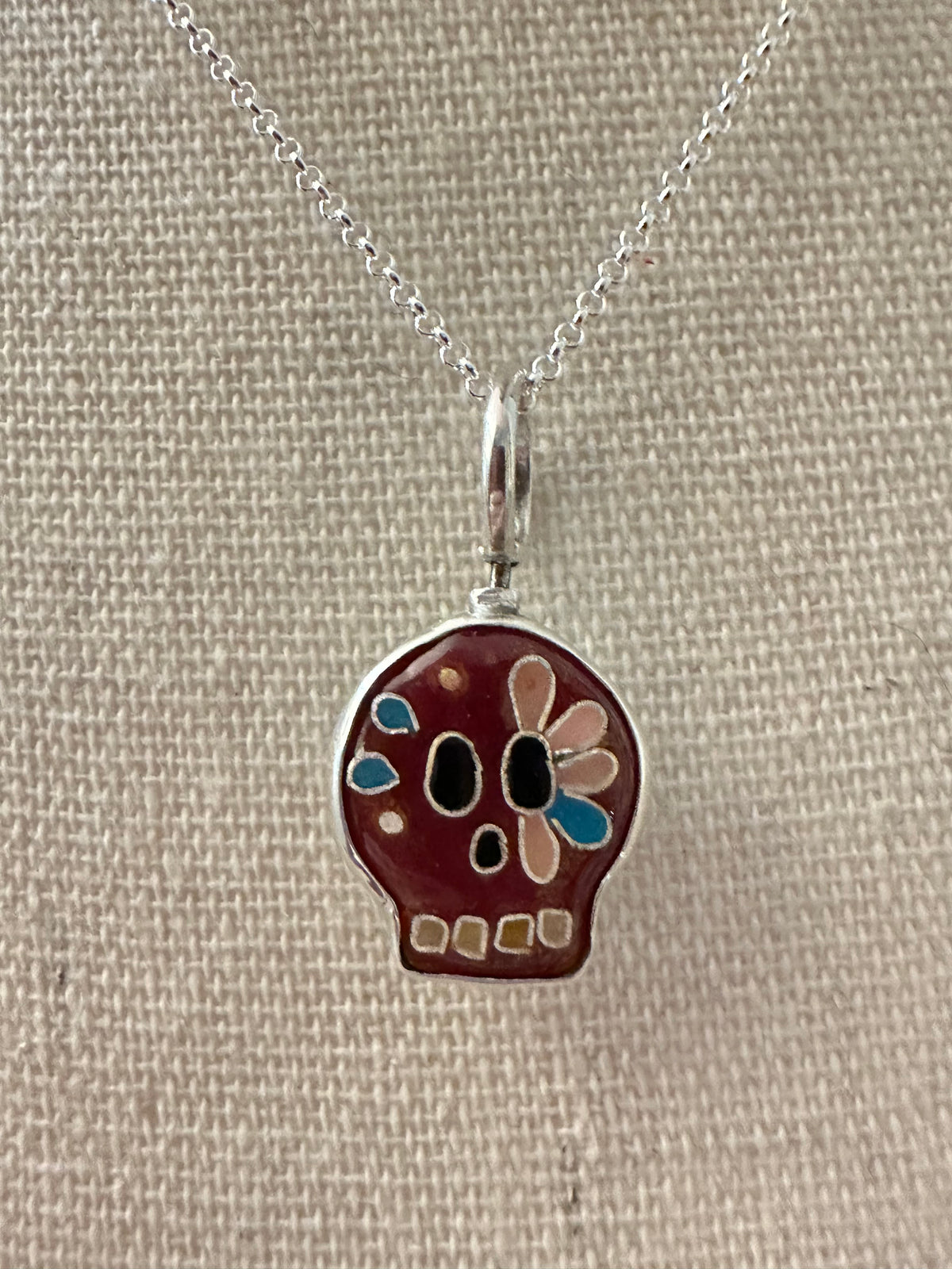 Día de los Muertos Burgundy Sugar Skull & Turquoise Heart Pendant