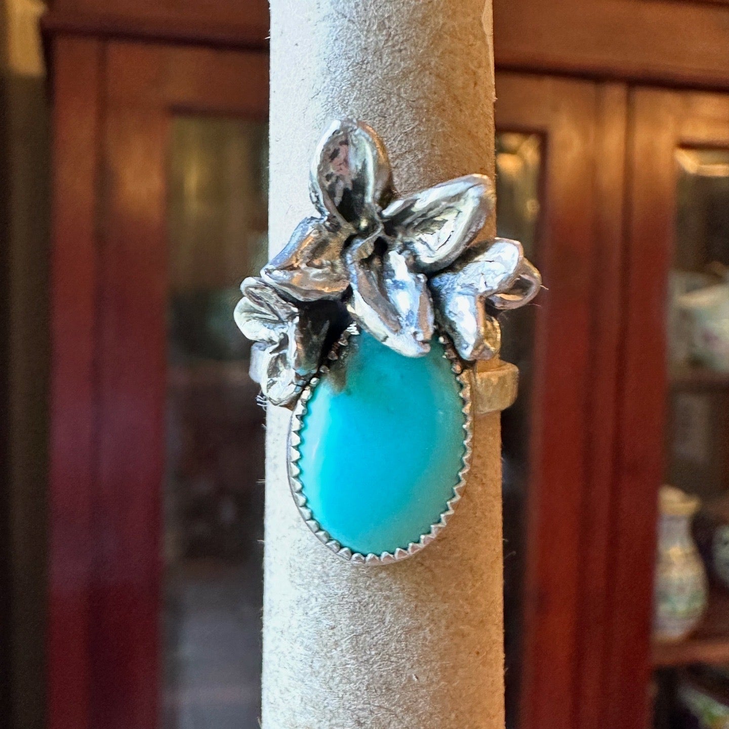Floral and Turquoise Fine Silver Ring