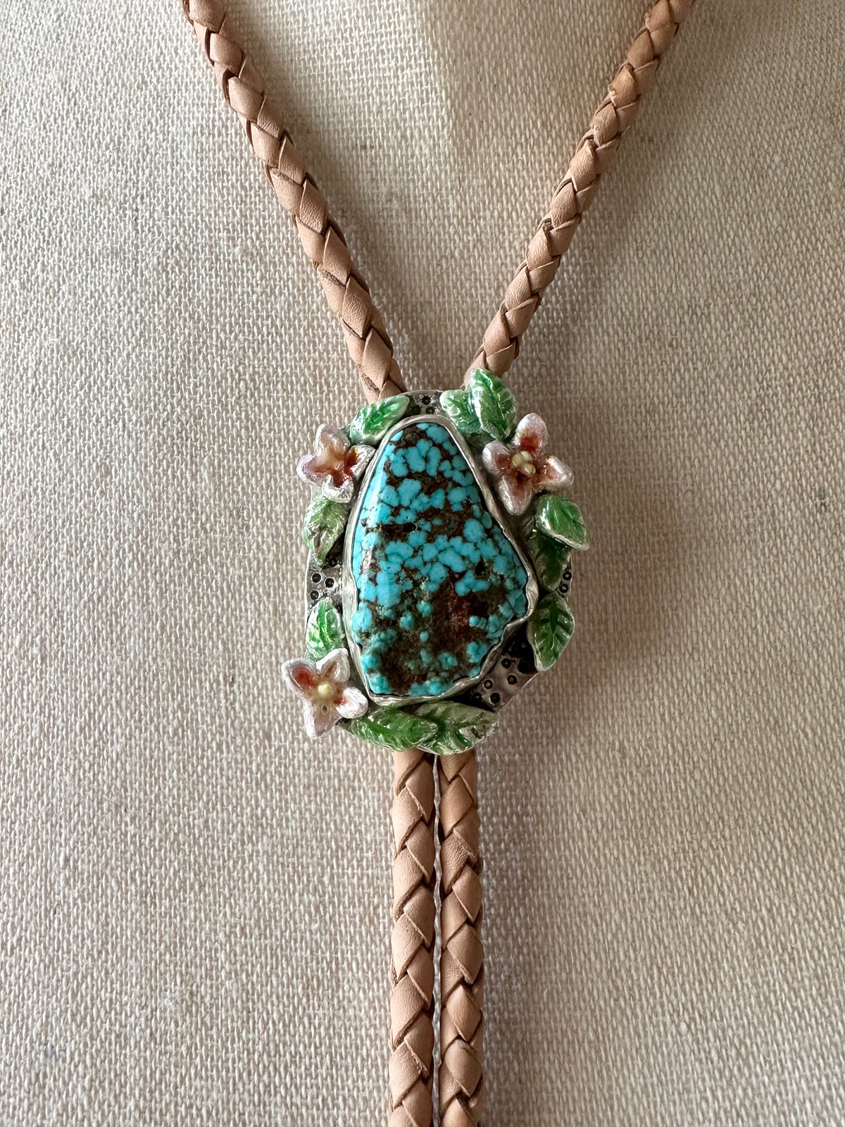 Kingman Turquoise & Enameled Wildflower Bolo Tie