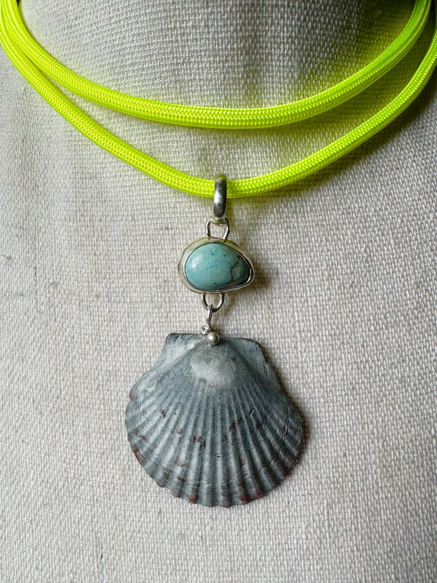 Golden Hills Turquoise & Shell Necklace Hung on Neon Yellow Paracord