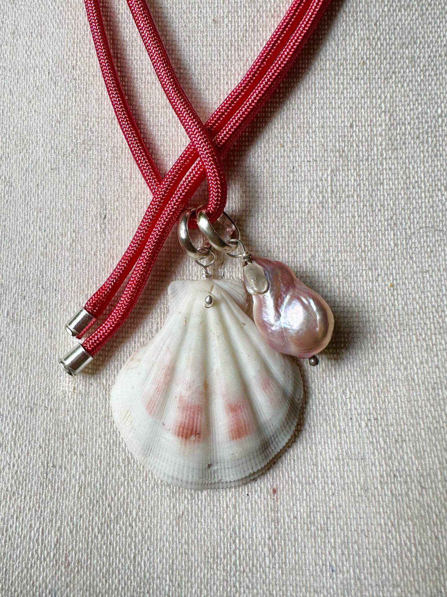Scallop Shell & Baroque Pearl Necklace Hung on Coral Red Paracord