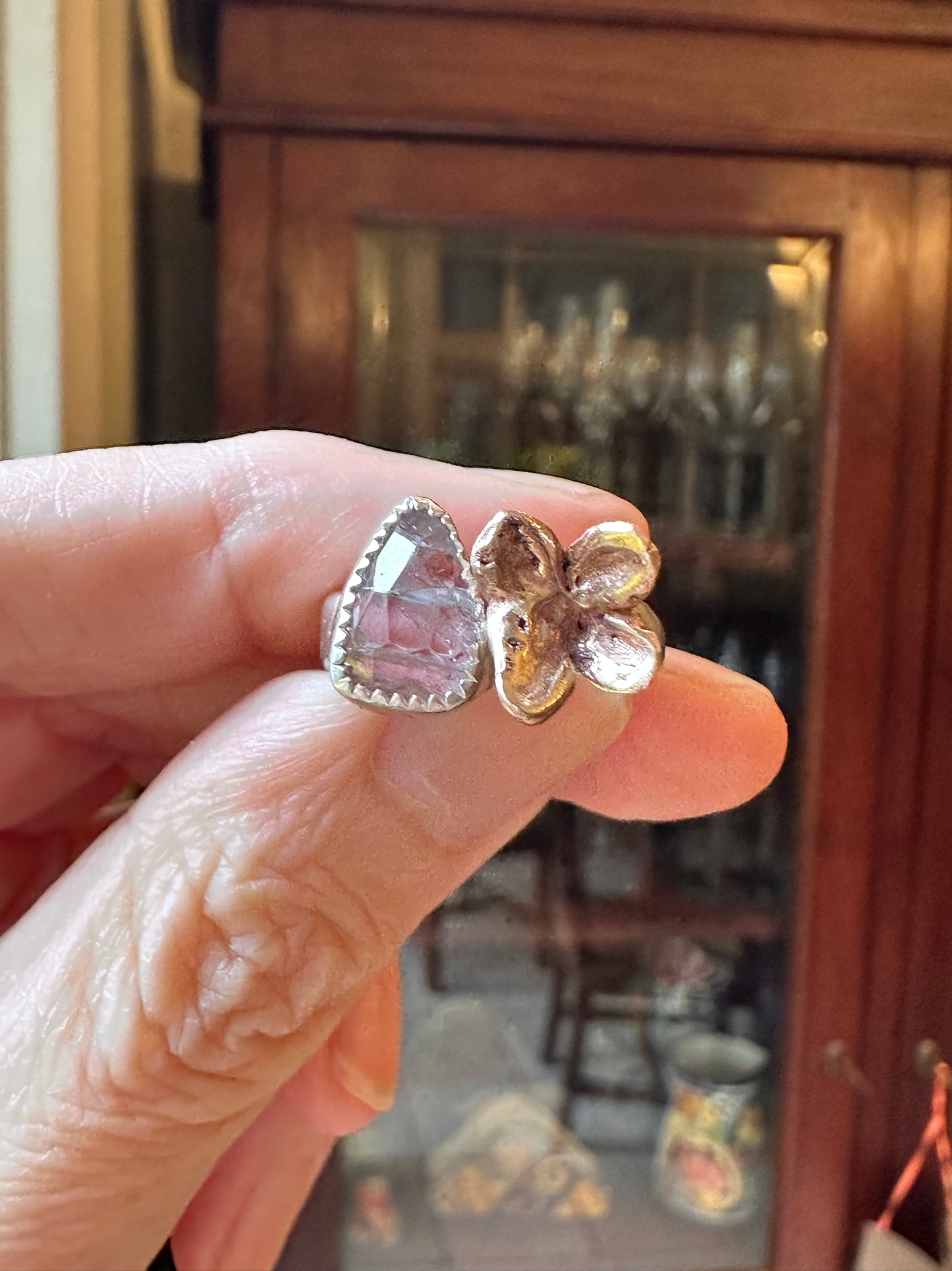 Pink Tourmaline and Bronze Flower