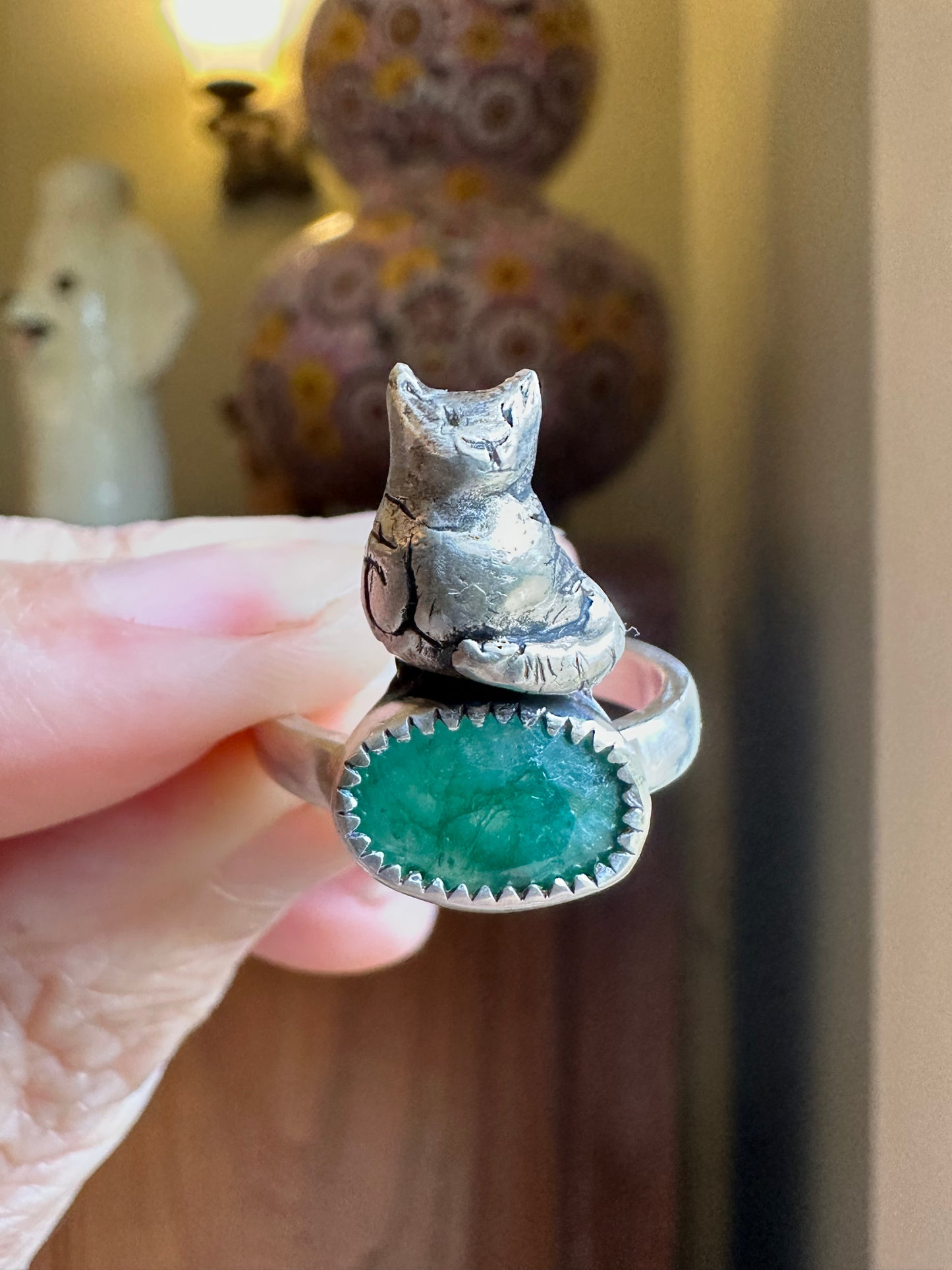 Silver Cat with Emerald