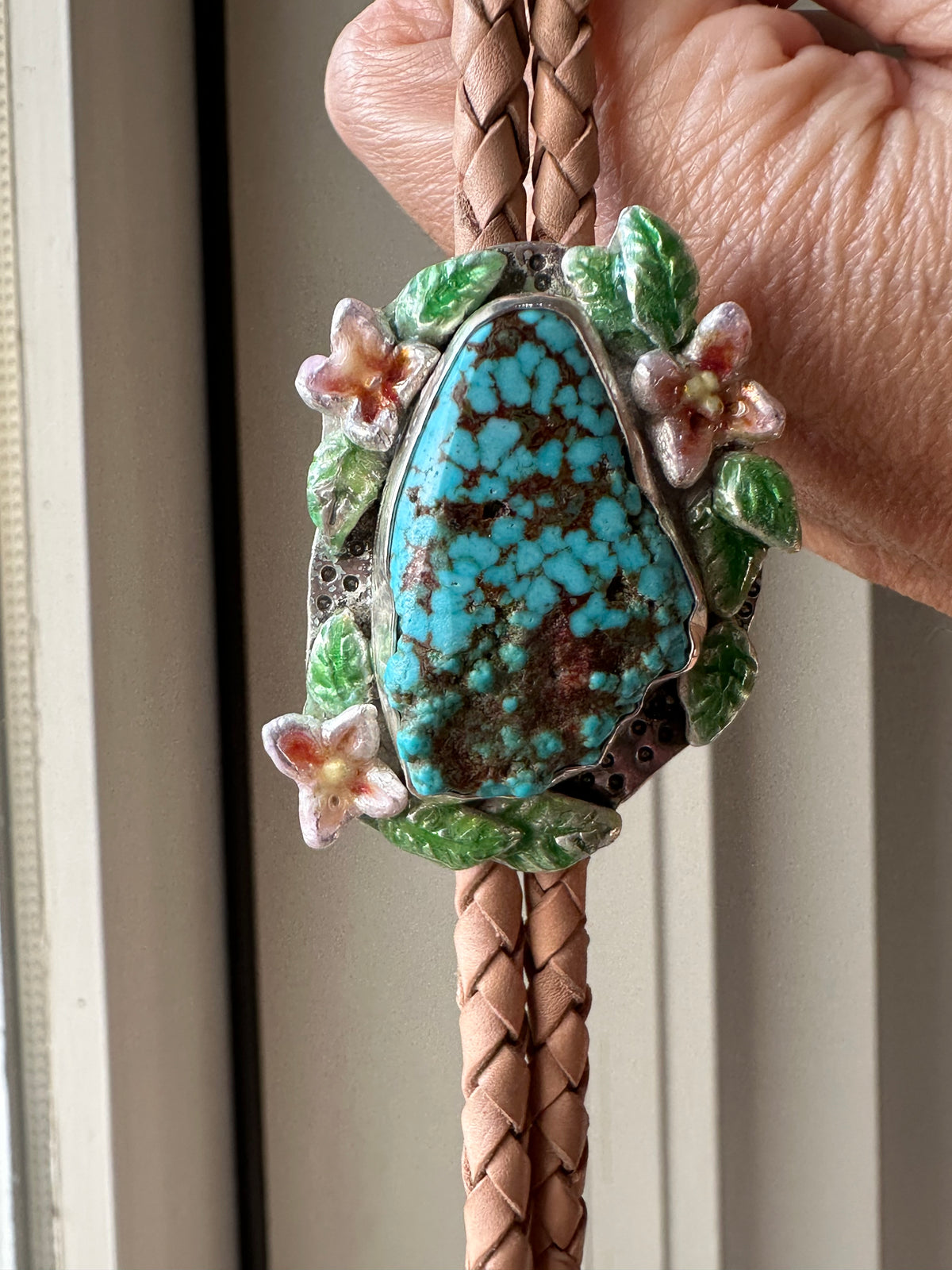 Kingman Turquoise & Enameled Wildflower Bolo Tie
