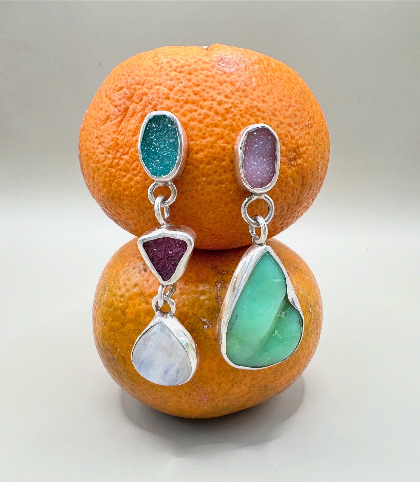 Chrysoprase, drusy, and moon stone earrings