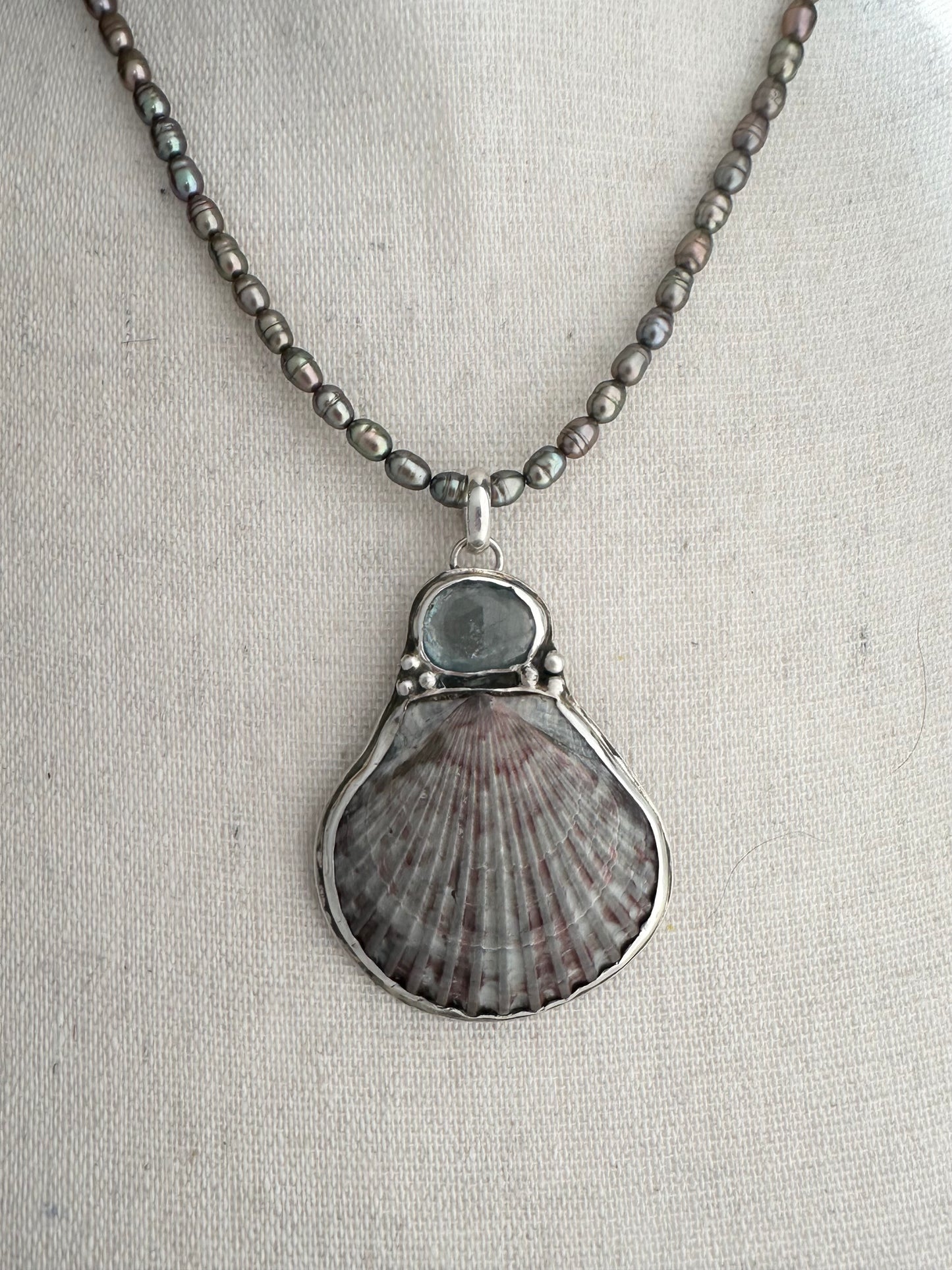 Kyanite Scallop Shell Pendant with Mocha Pearl Necklace