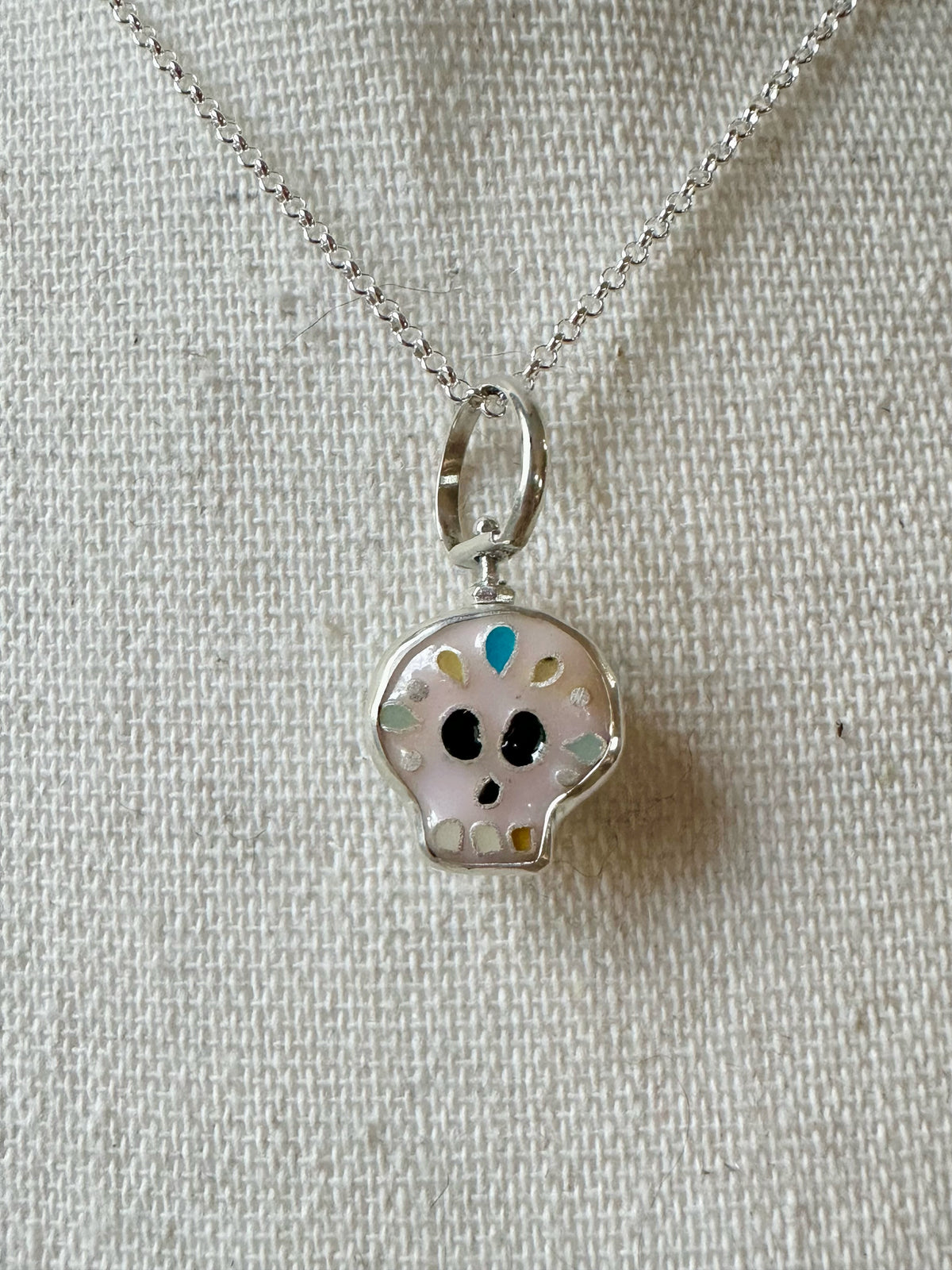 Día de los Muertos Light Pink Sugar Skull & Turquoise Heart Pendant