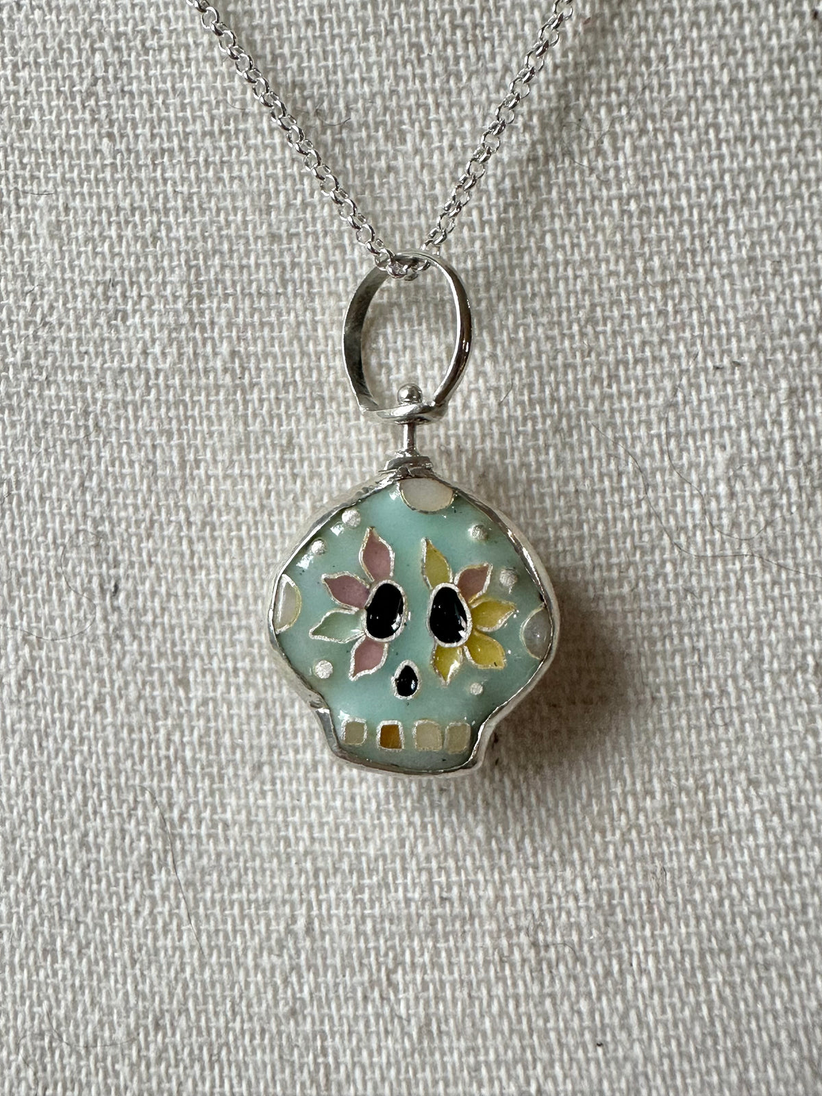Día de los Muertos Light Blue Sugar Skull & Turquoise Heart Pendant